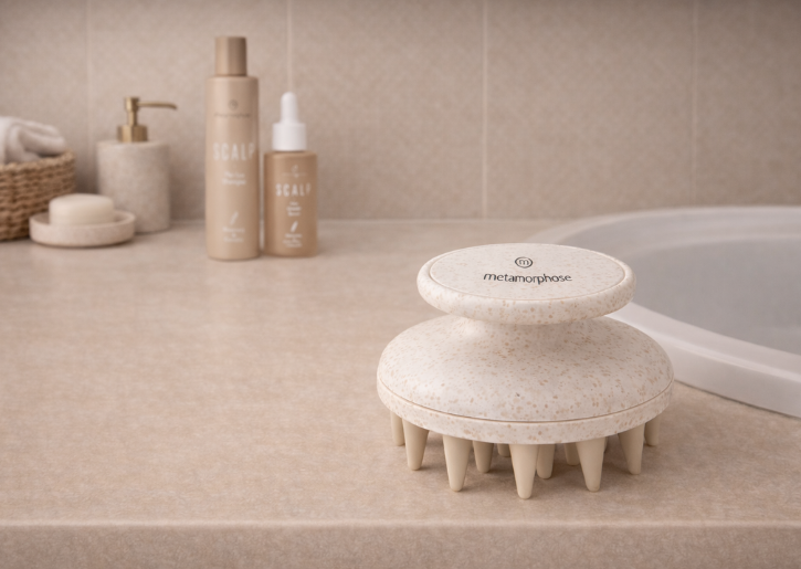 Metamorphose scalpbrush: un ajout élégant à votre routine capillaire La Scalpbrush Metamorphose sur un lavabo beige dans une salle de bain minimaliste